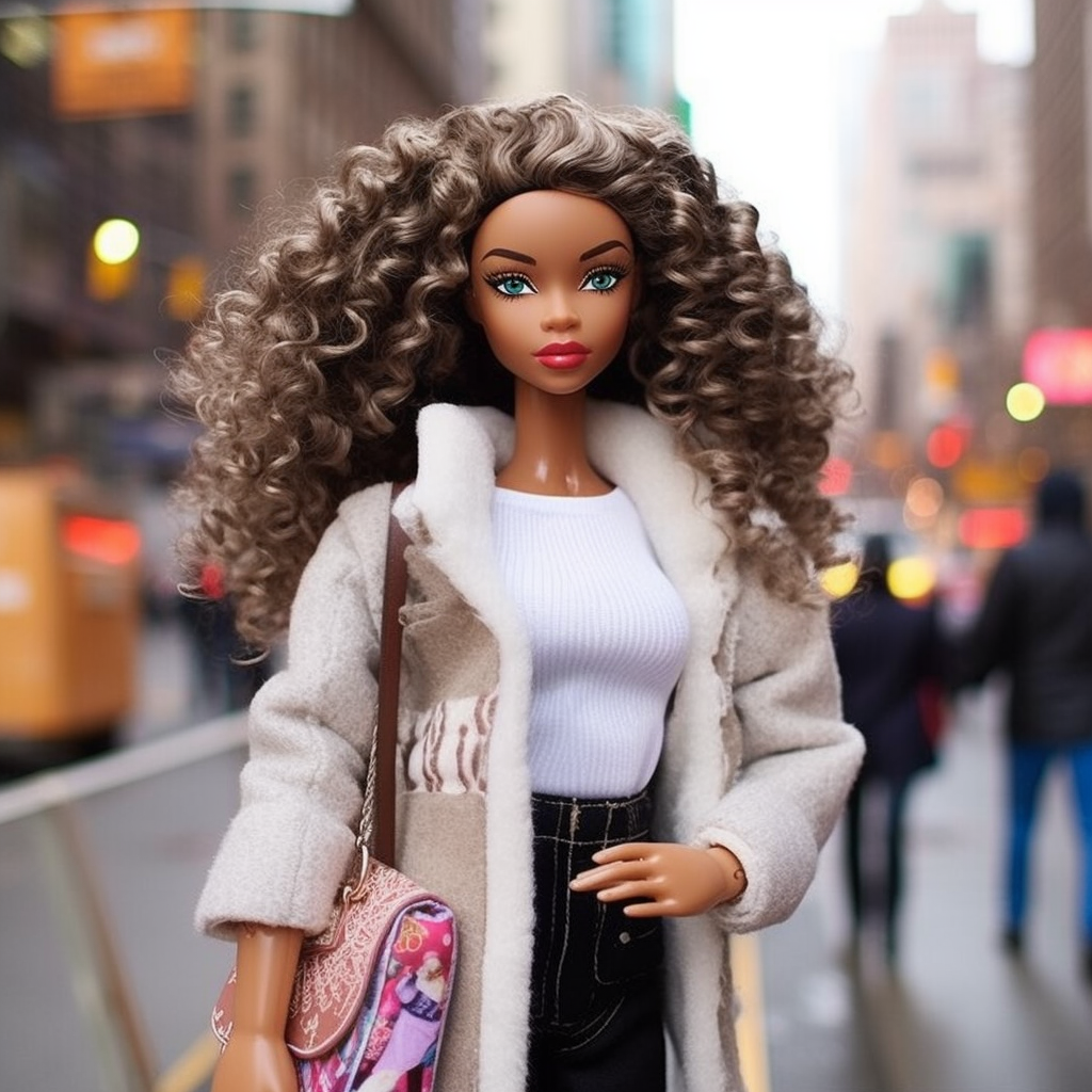 A Barbie standing in a bustling city with big, curly hair while wearing a simple top, jeans, and a fleece-lined coat
