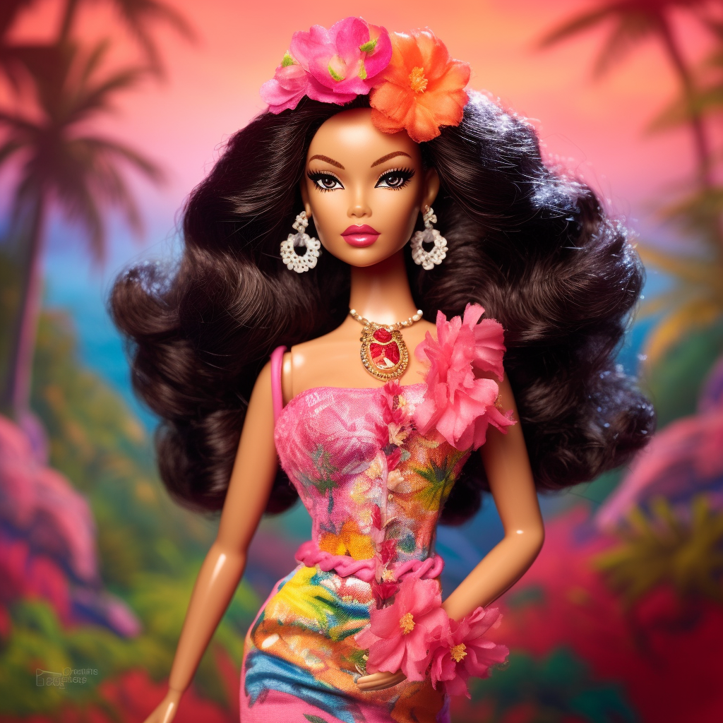 Barbie standing next to some palm trees and blooming flowers while wearing a floral headpiece and bracelet, a floral dress, and a large necklace and dangly earrings
