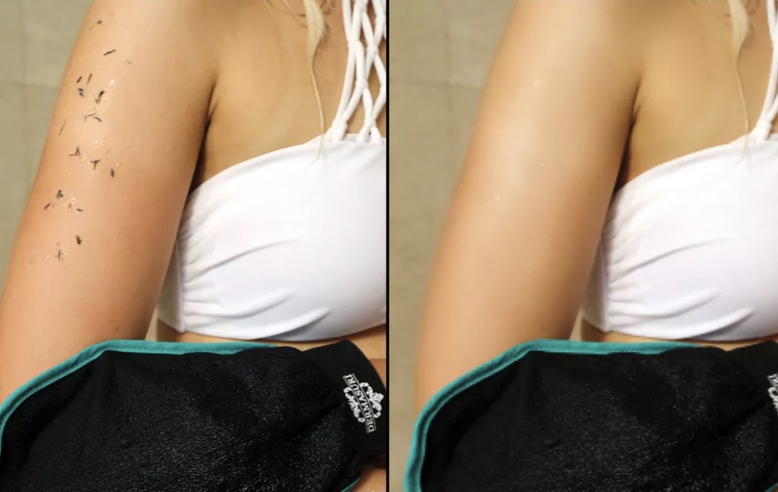 model using exfoliating glove on her arm on left and model after exfoliating on right