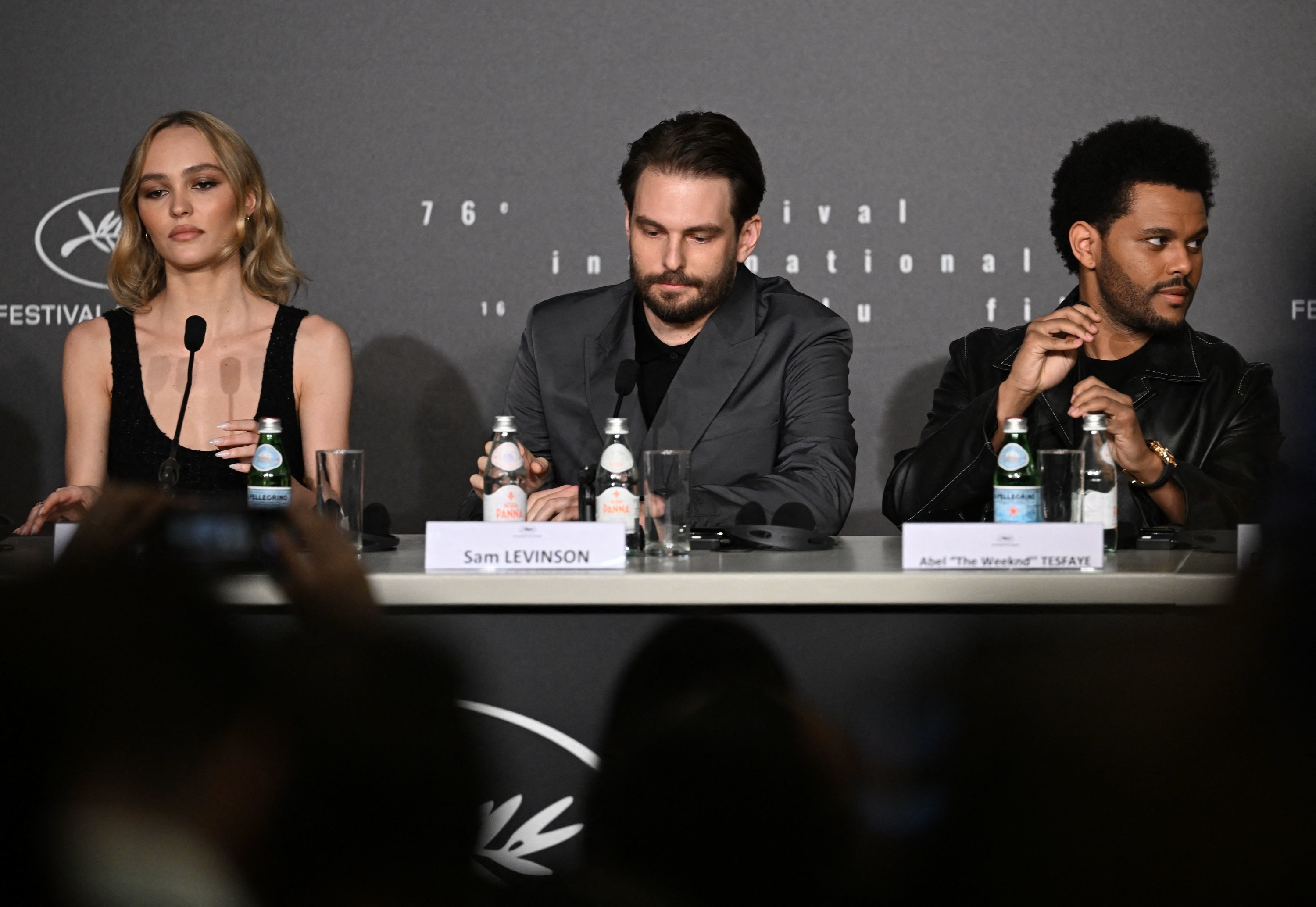 Lily-Rose, Sam, and Abel at a press conference in Cannes