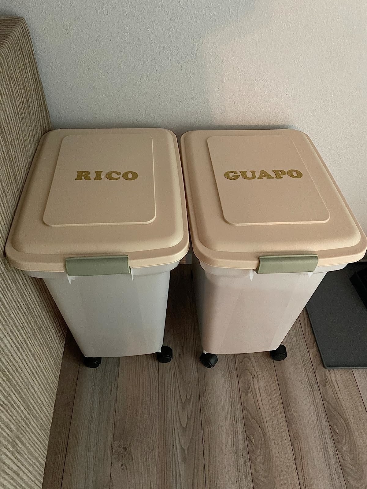 Reviewer image of two of the containers with their pets&#x27; names on them