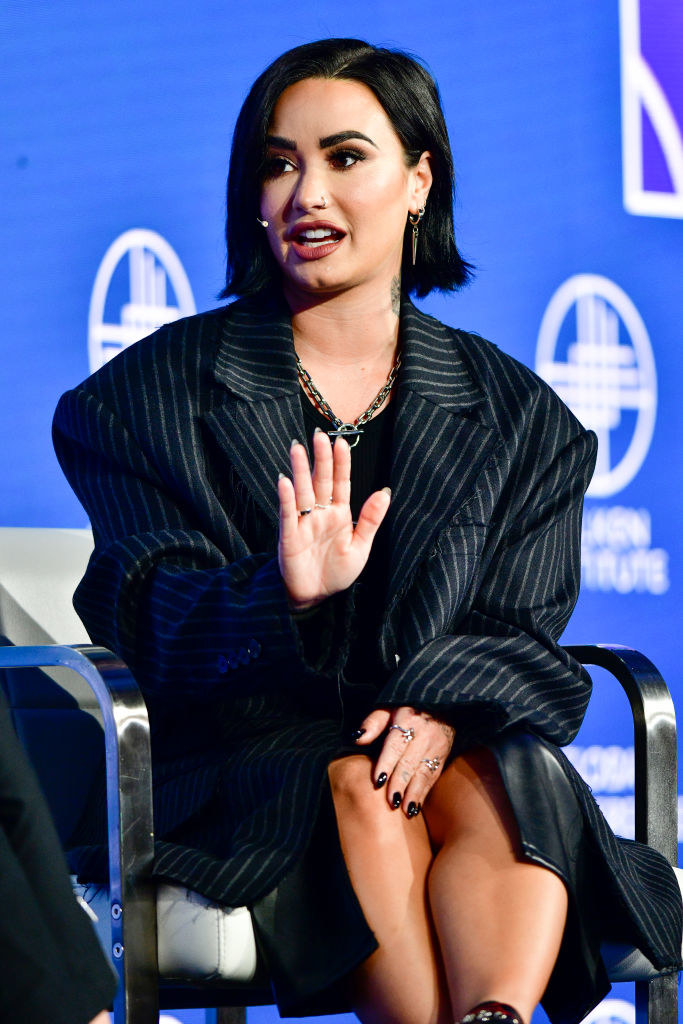 closeup of her on stage talking for an interview