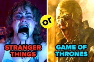 stranger things still of billy dying and game of thrones still of man with melted crown on
