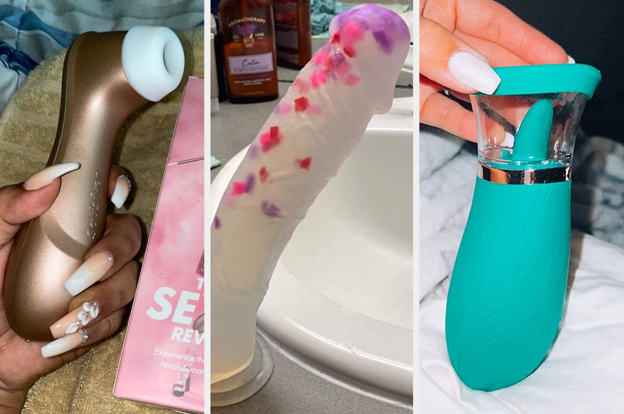 Hand holding rose gold suction vibrator, confetti transparent dildo on countertop and hand holding green suction vibrator with tongue