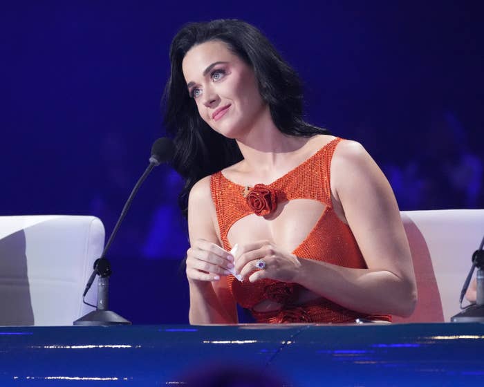 A closeup of Katy Perry sitting at the judge&#x27;s table during American Idol
