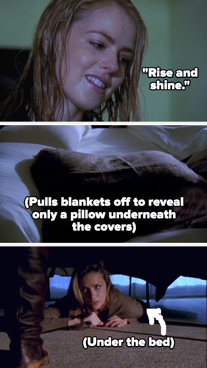 A woman says &quot;Rise and shine,&quot; pulls the covers away to see only a pillow under the bed, and hides under the bed as someone stands by the bed