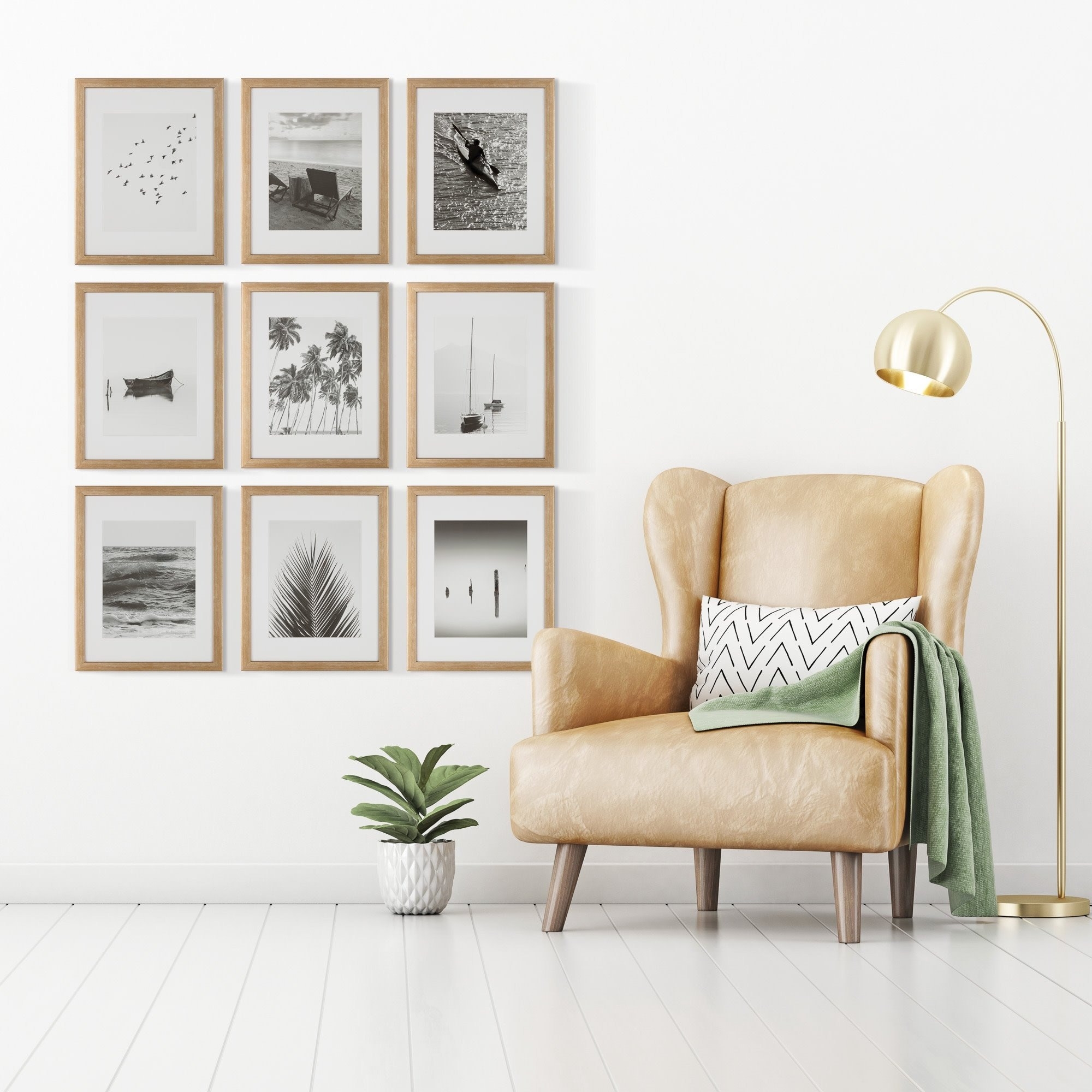 gold-tone black-and-white photos arranged in a gallery wall