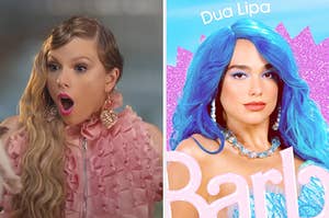 On the left, Taylor Swift opening her mouth in surprise in the Me music video, and on the right, Dua Lipa as Mermaid Barbie