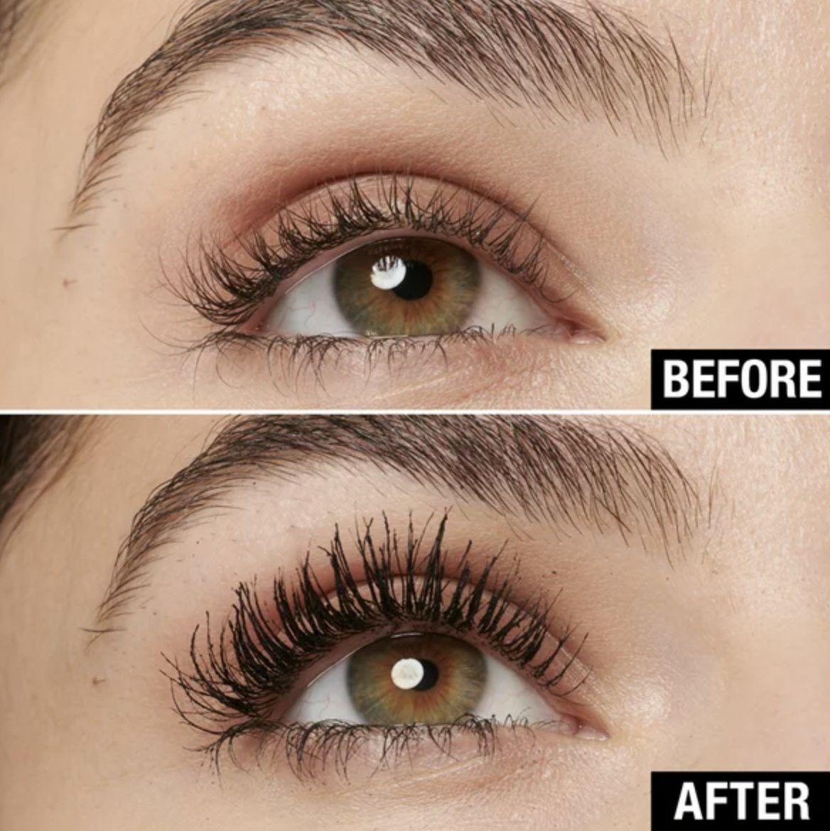 A model before and after using the mascara