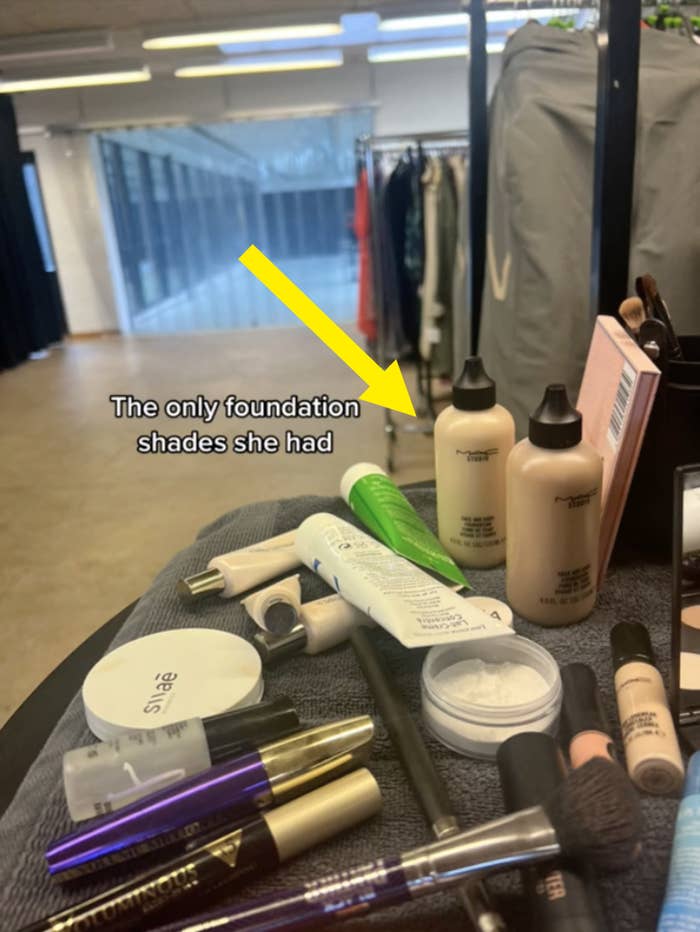 A closeup of the two bottles of MAC foundation the makeup artist had on hand