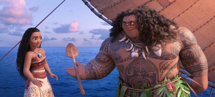 moana and dwayne&#x27;s character Maui in a boat