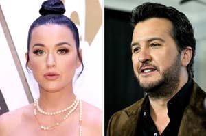 Katy Perry pouts her lips as she poses on the red carpet vs a headshot of Luke Bryan