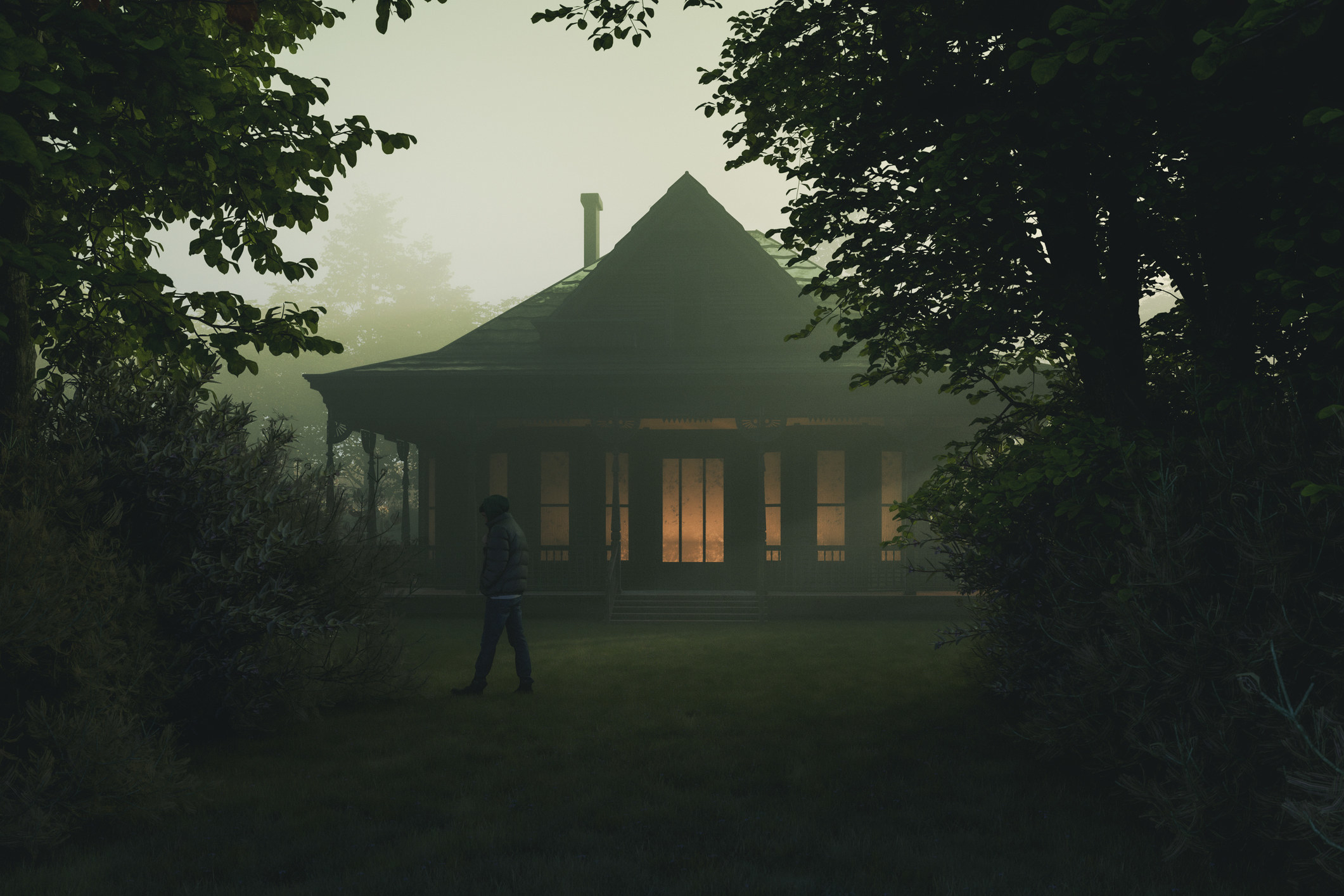 skulking figure standing outside of a house