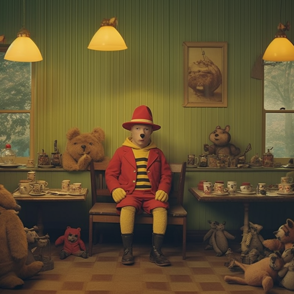Rendering of Winnie the Pooh as a Wes Anderson character