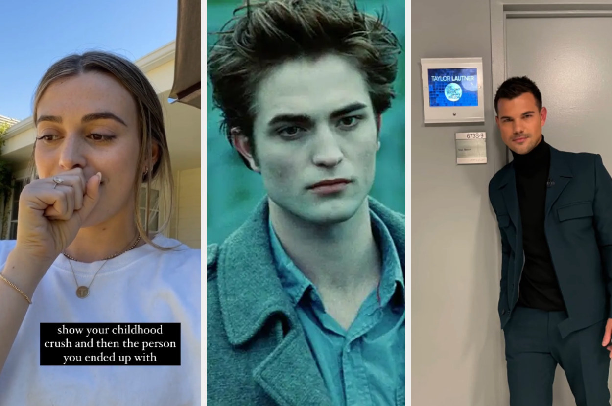 Tay shares the meme format of show your childhood crush and then the person you ended up with and it&#x27;s robert pattinson and then taylor