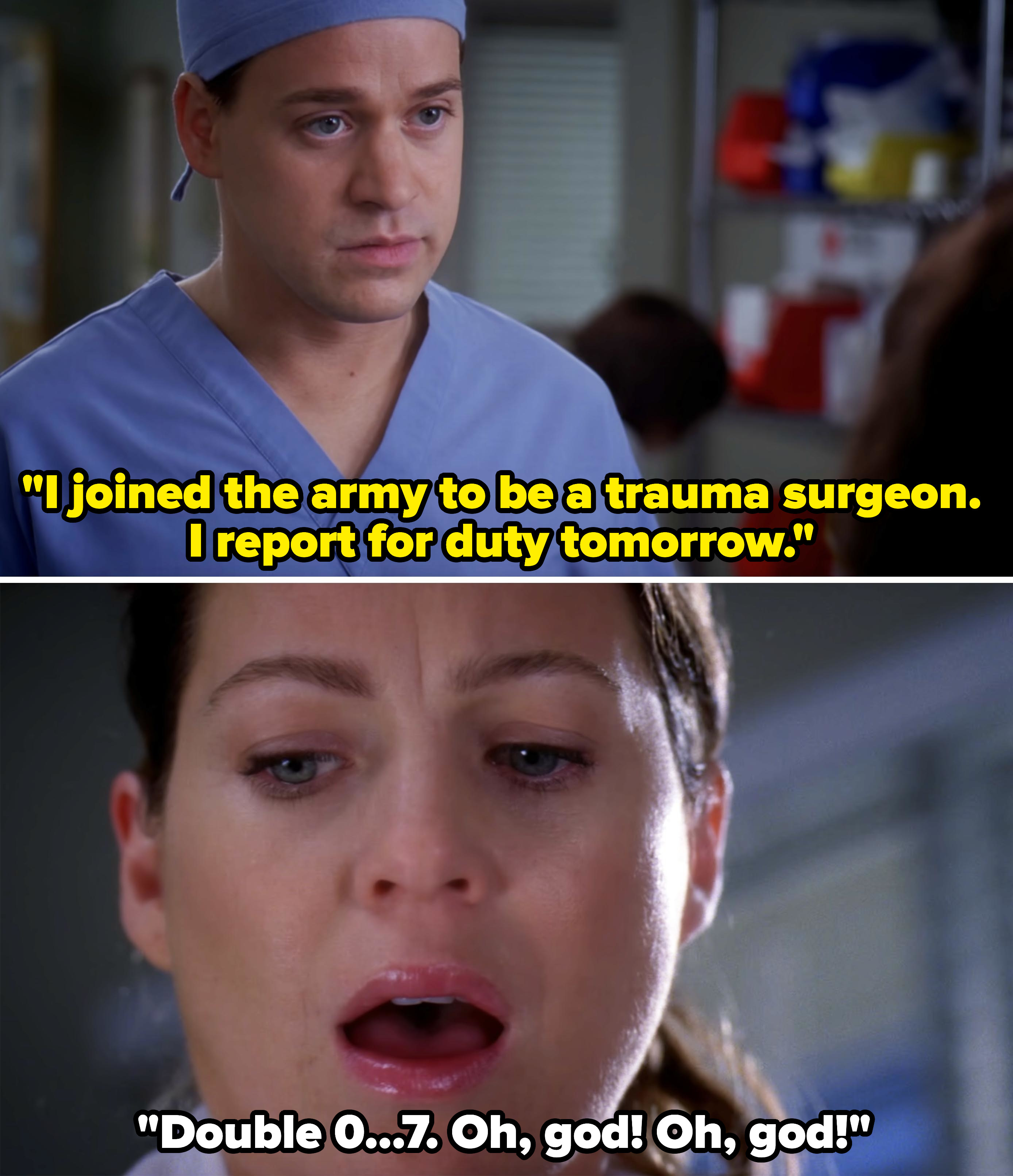 his character saying, i joined the army to be a trauma surgeon. i report for duty tomorrow and then a doctor realizing he&#x27;s dead