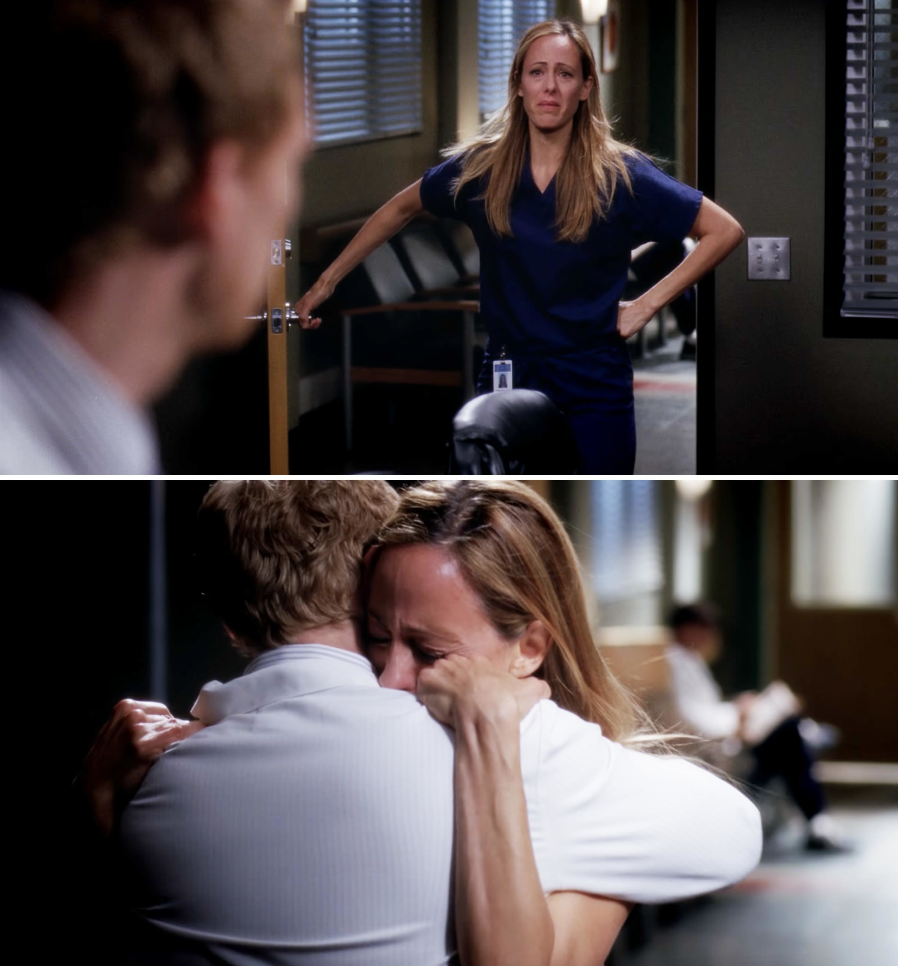 teddy hugging someone as she cries