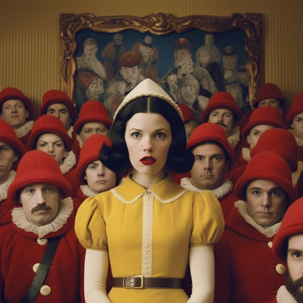 Rendering of Snow White and the Seven Dwarfs as Wes Anderson characters