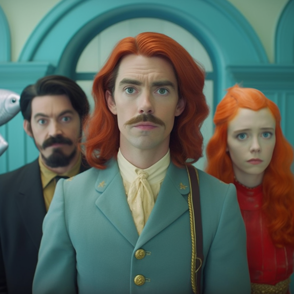 Rendering of Prince Eric, Grimsby, and Ariel as Wes Anderson characters