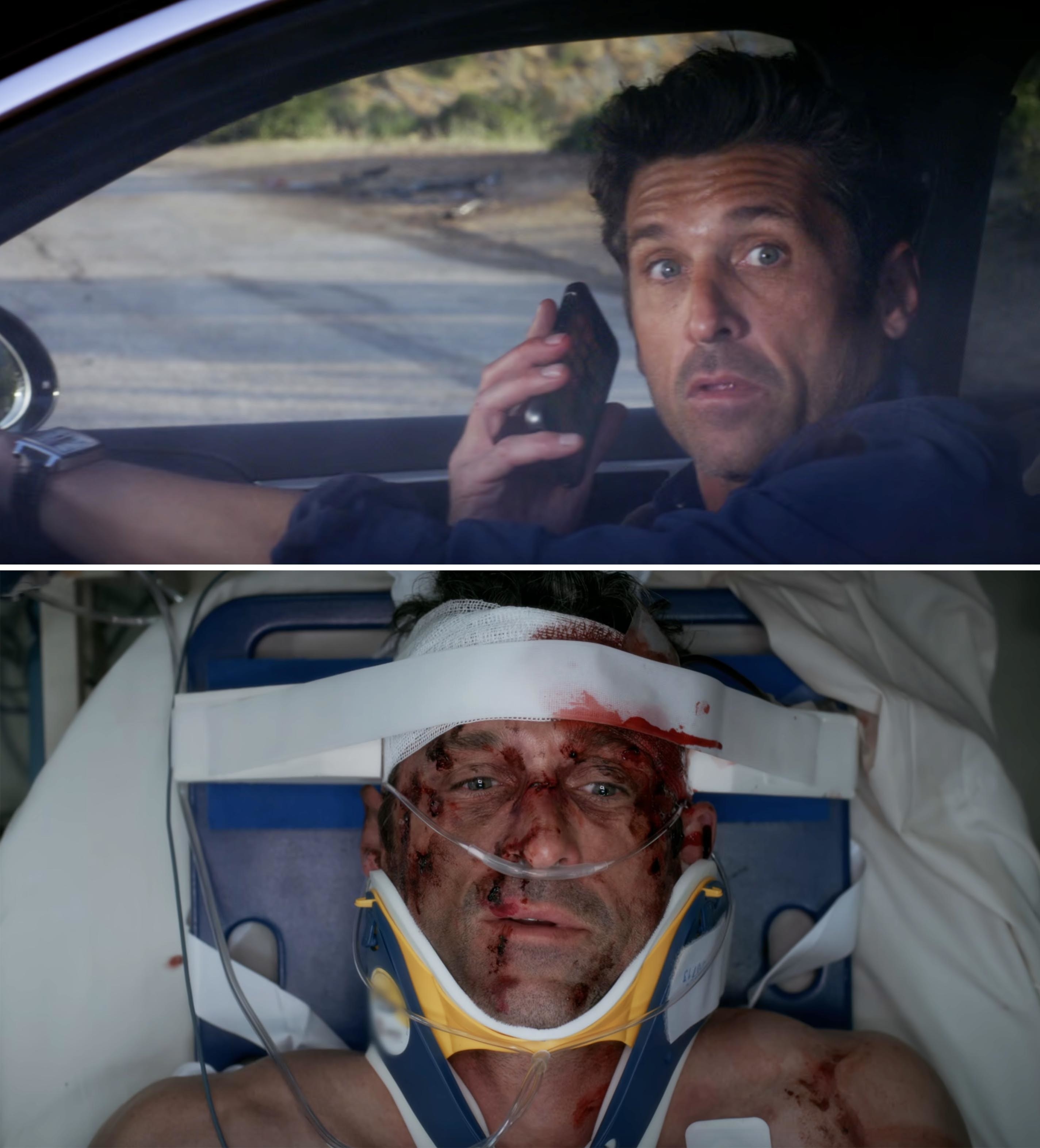 his character on the phone while driving and then in a stretcher with blood on his face