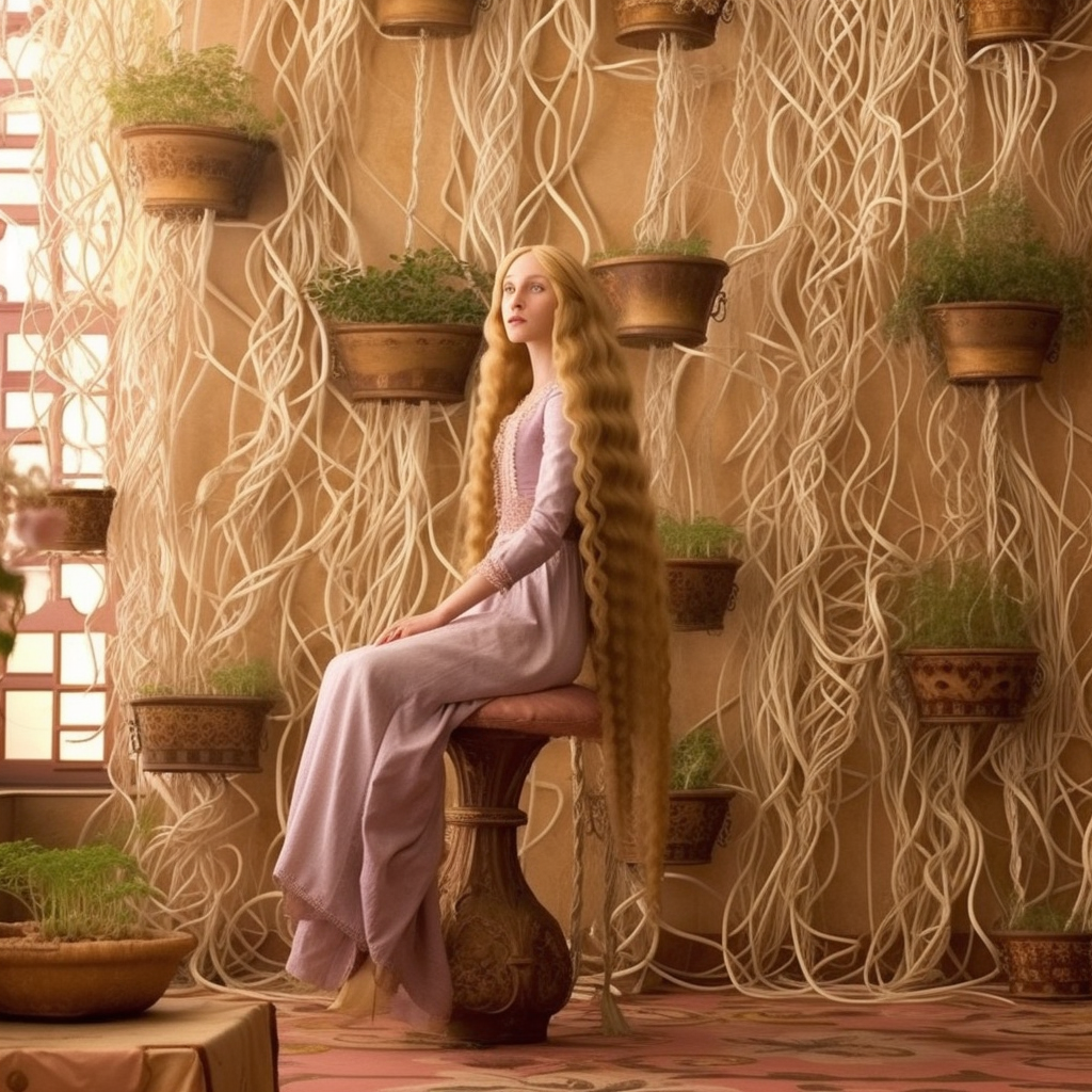 Rendering of Rapunzel as a Wes Anderson character