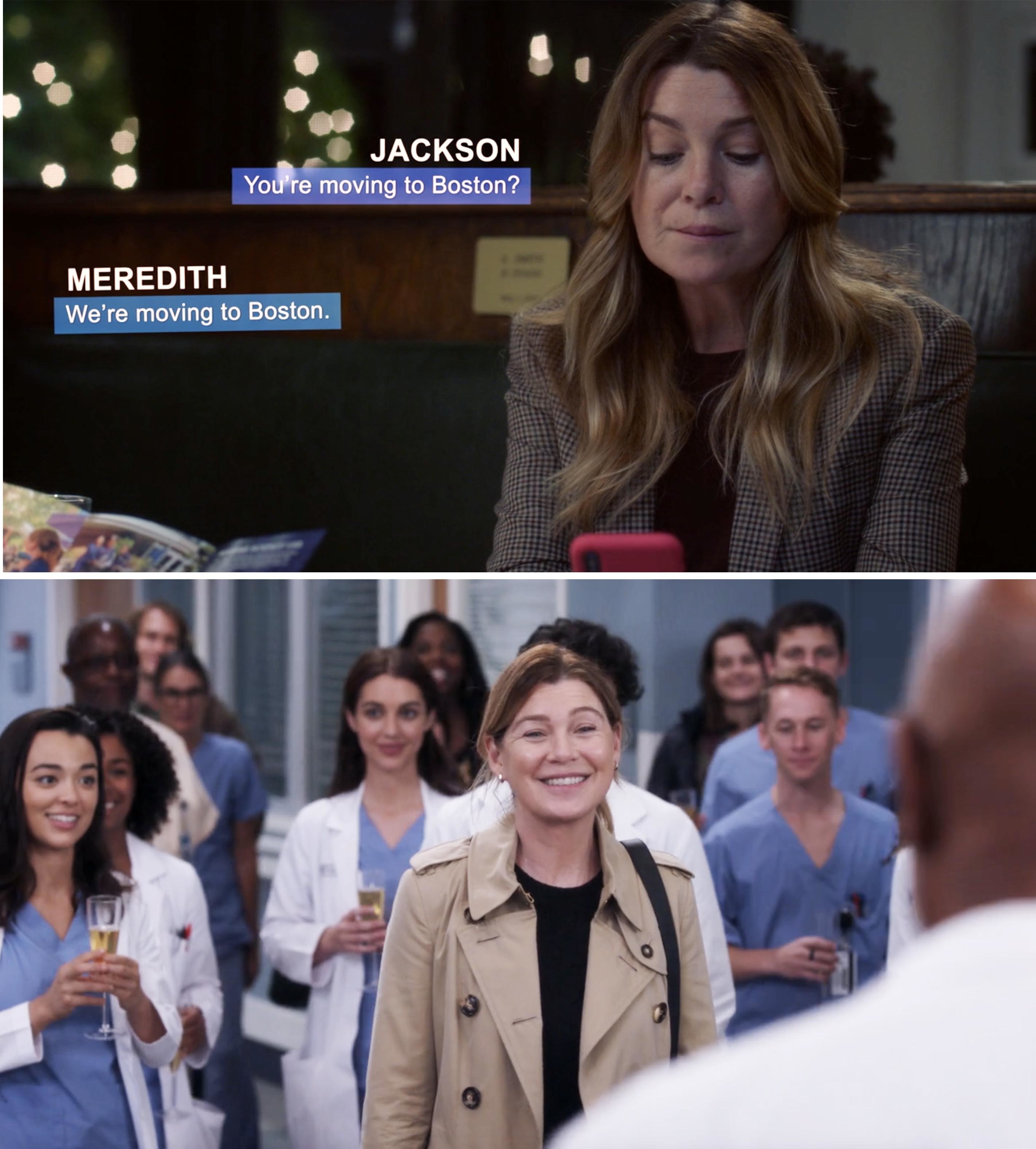 meredith texting that she&#x27;s moving to boston and then saying goodbye to everyone in the hospital