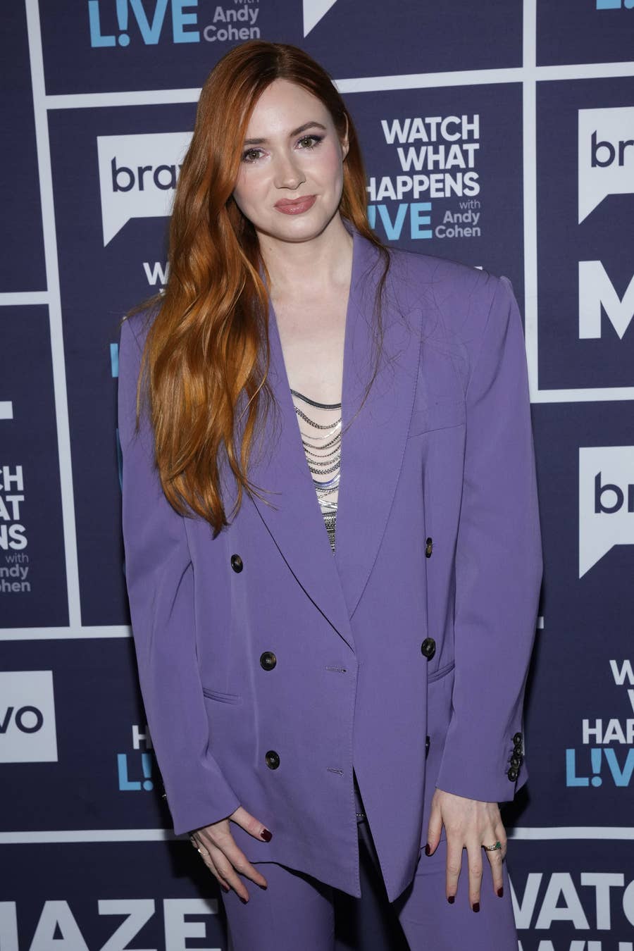 Karen Gillan looks striking in a purple pantsuit while visiting 'Watch What  Happens Live With Andy