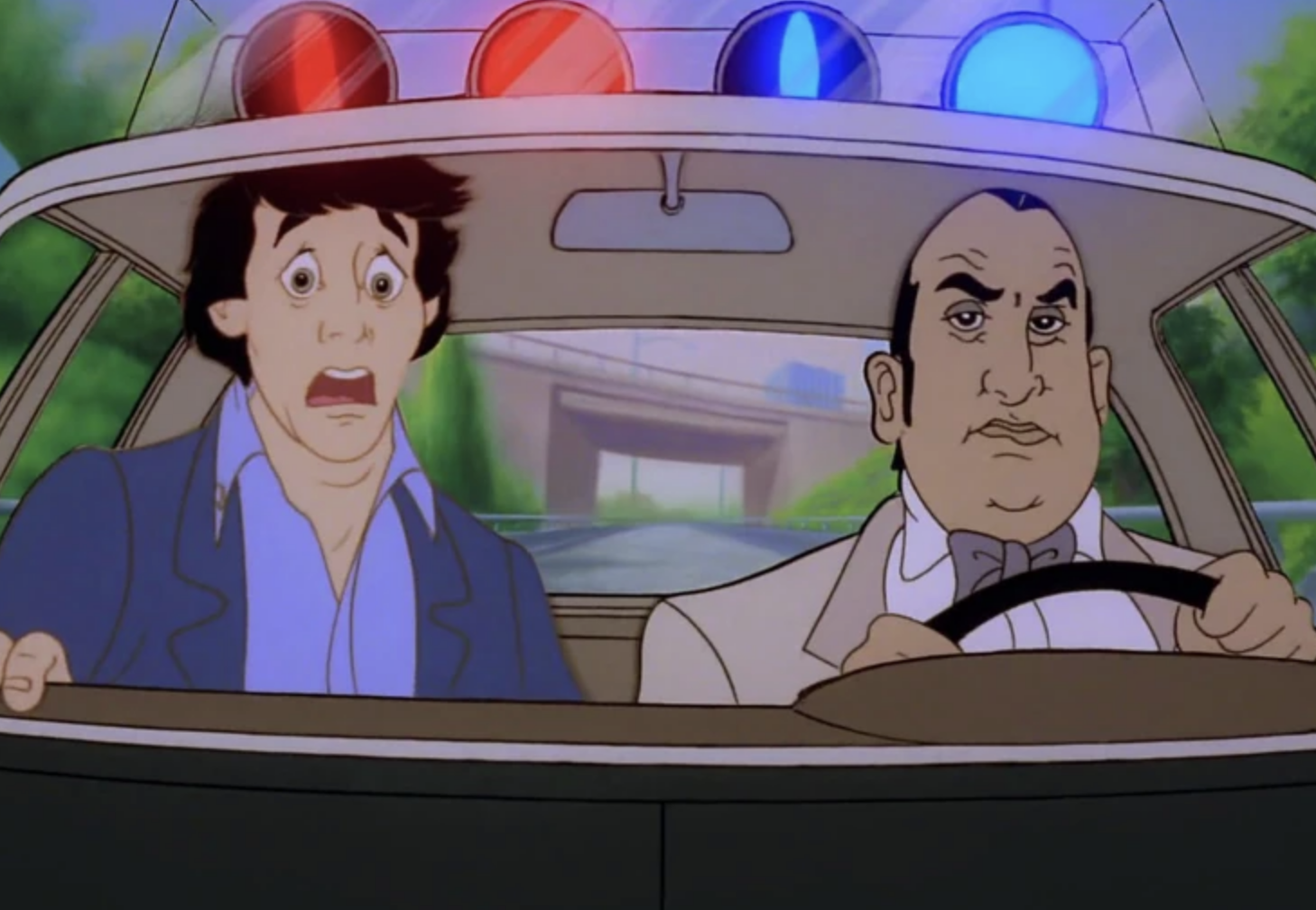 cartoon characters in a cop car