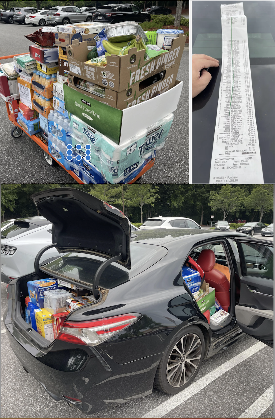 Photos of a large grocery haul along with their receipt for it