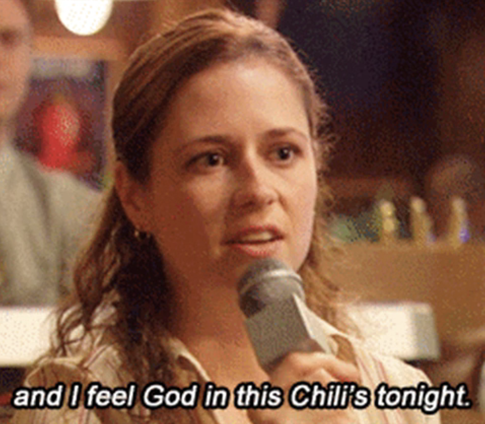 woman with a mic saying, and i feel god in this chili&#x27;s tonight