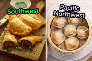 On the left, some empanadas labeled Southwest, and on the right, some dumplings labeled Pacific Northwest