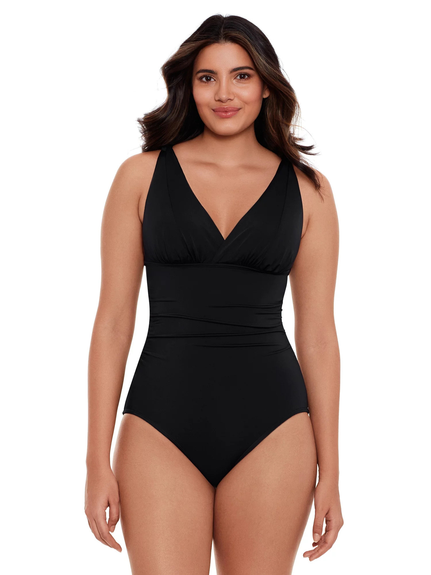 Model wearing the black swimsuit