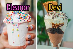 On the left, an ice cream sundae topped with lots of sprinkles labeled Eleanor, and on the right, a chocolate sundae with a waffle cone piece in it labeled Devi