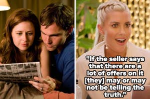 Jenna Fischer, Seann William Scott, and Heather Rae El Moussa, text: "If the seller says that there are a lot of offers on it he may or may not be telling the truth."