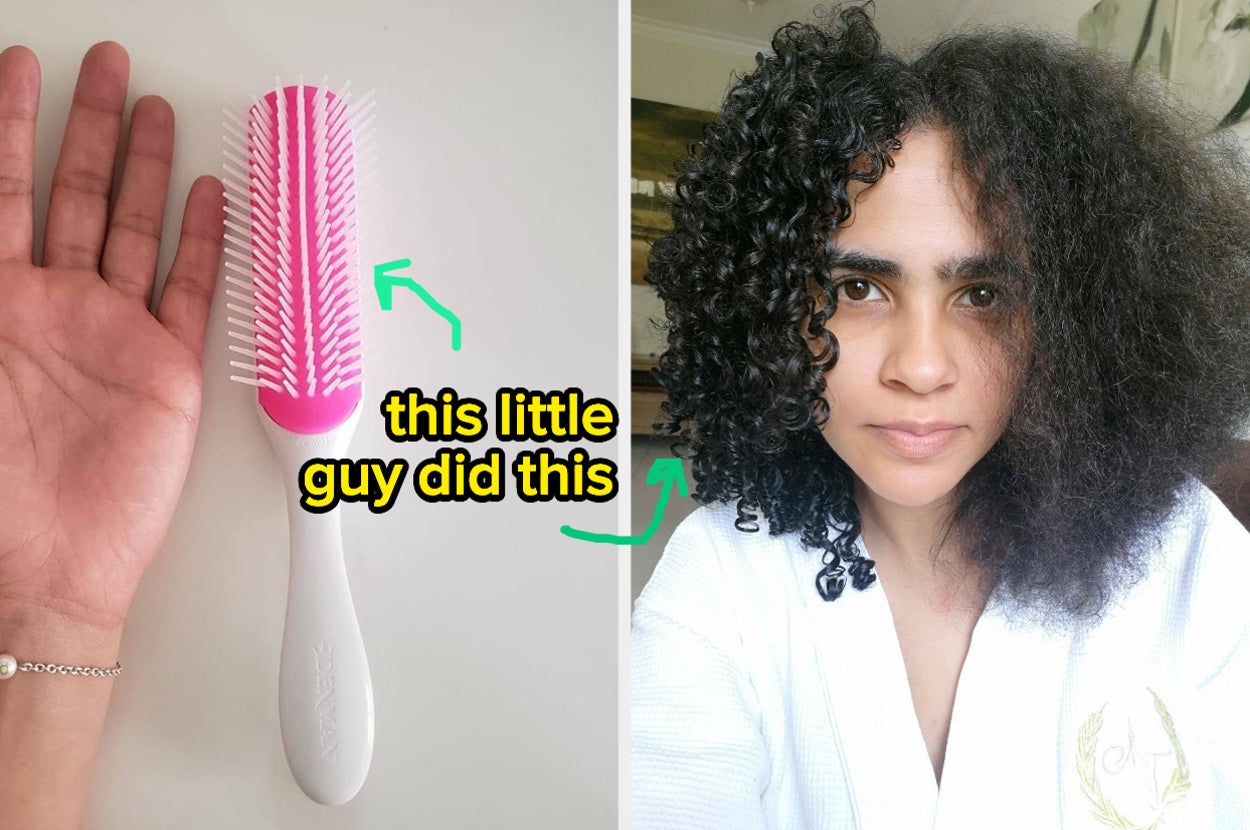 Reviewer hand next to white and pink brush on table / Reviewer showing half of her hair curled with brush and half of her hair air dried without brush "this little guy did this"