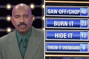 Steve Harvey and a wild board of "Family Feud" answers.
