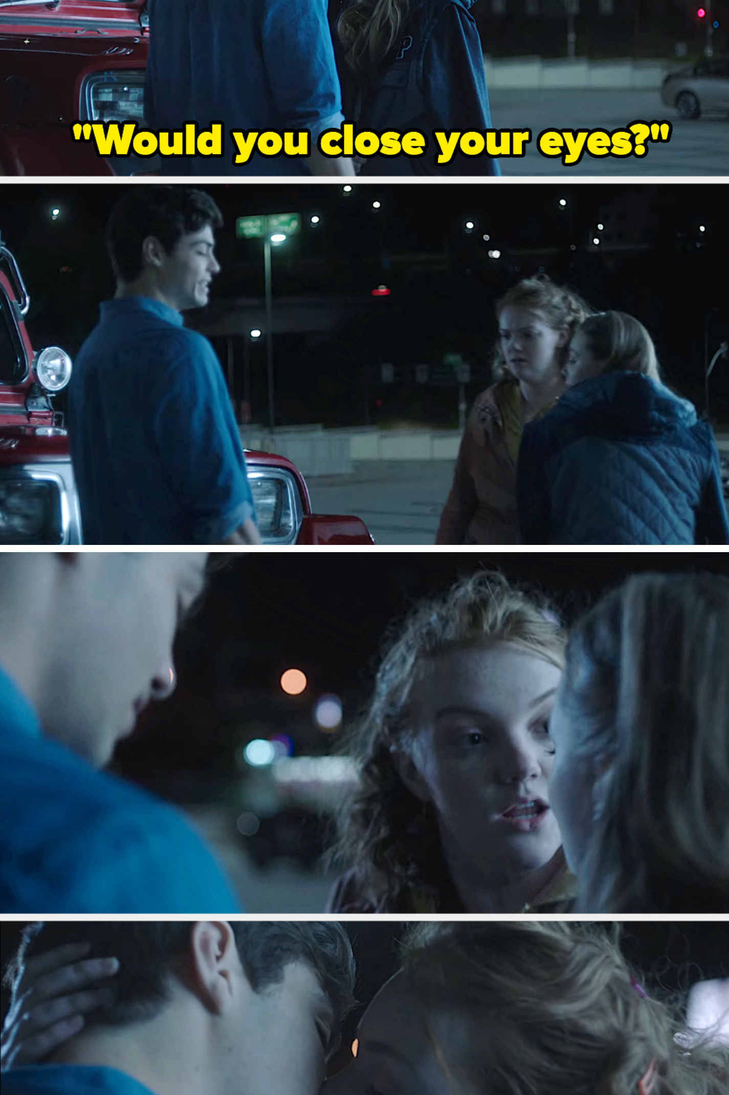 teen girl telling a guy to close his eyes and then another girl taking her spot and leaning in to kiss him