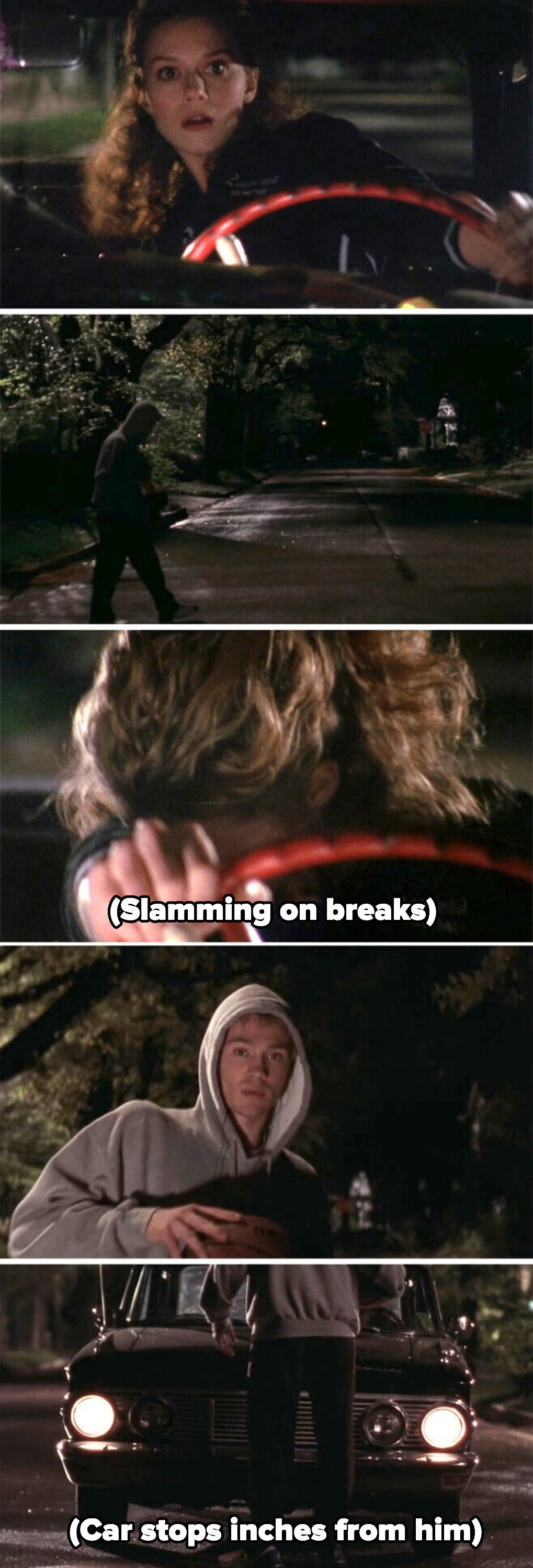 A woman stopping a car inches from hitting someone in a hoodie