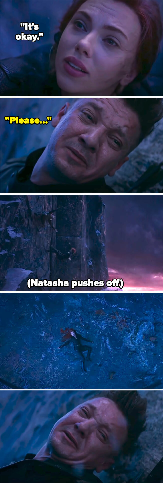 natasha pushes herself off the cliff