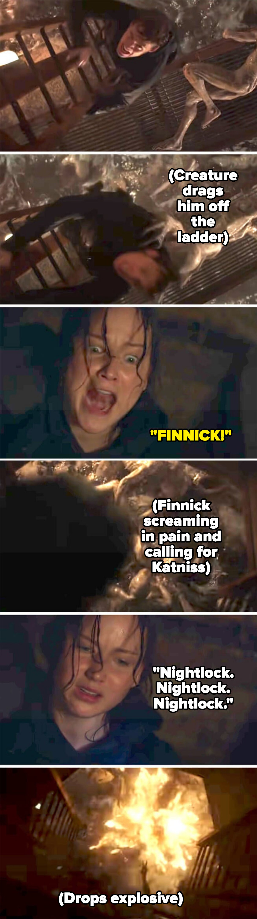 creature dragging finnick as he screams in pain and then katniss drops the explosive