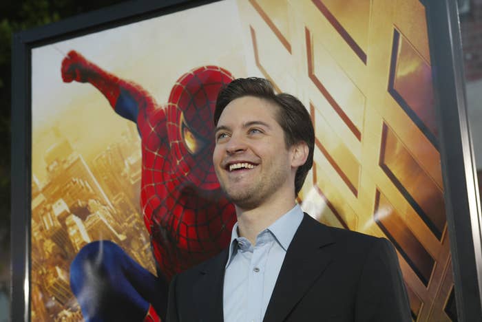 Close-up of Tobey smiling at a Spider-Man press event