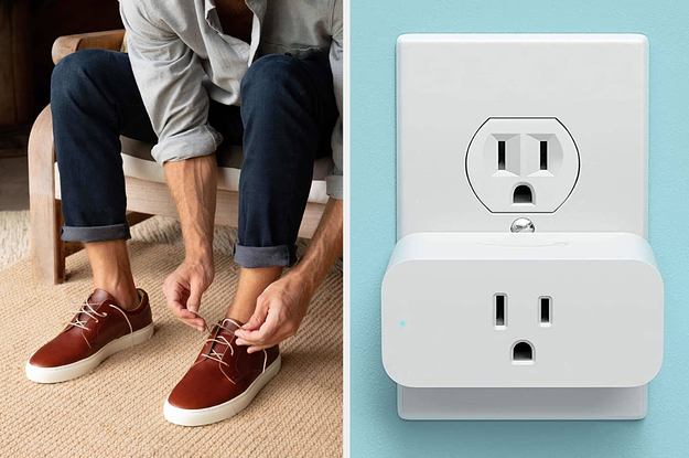on left: model wearing Nisolo brown lace-up shoes. on right: white Amazon smart plug plugged into wall outlet