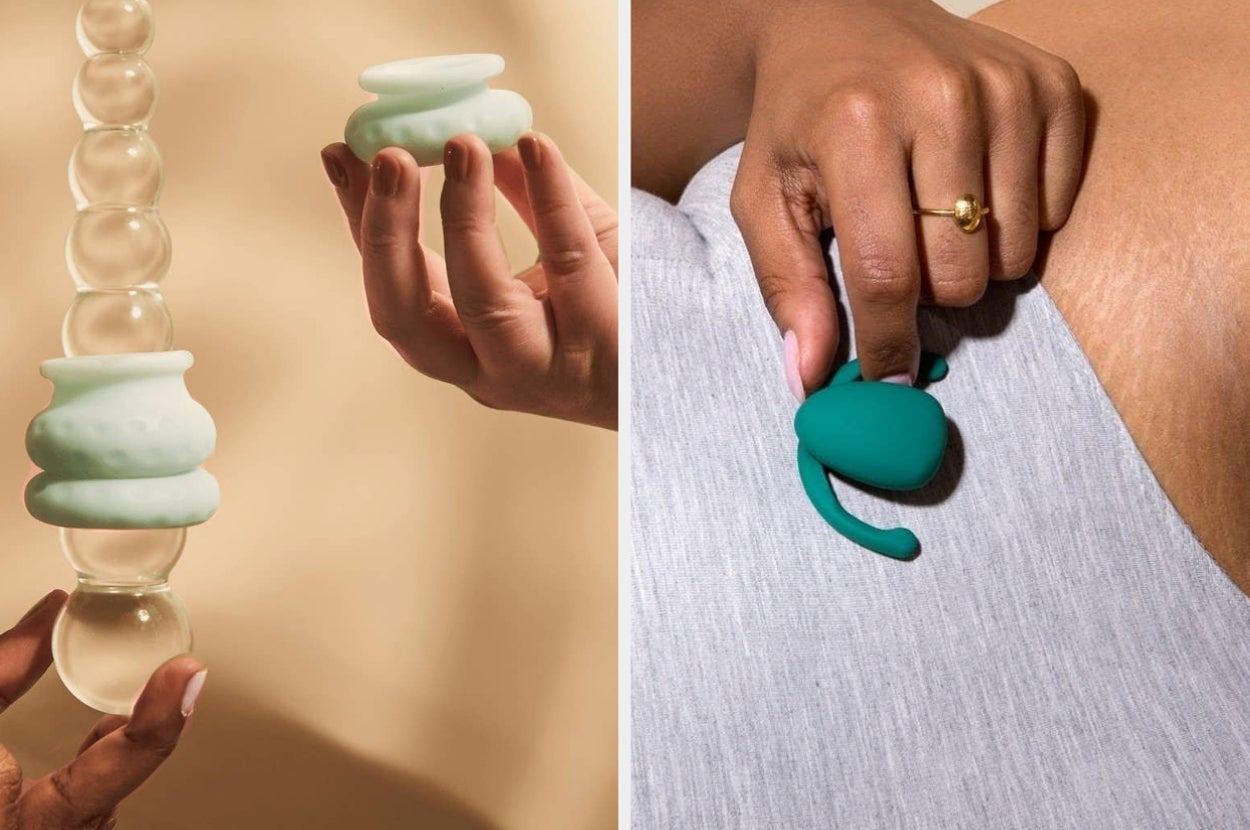 Model demonstrating green buffer rings on glass dildo and model posing with green clitoral couple's vibrator