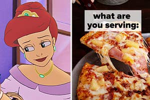 ariel on the left and pineapple pizza on the right