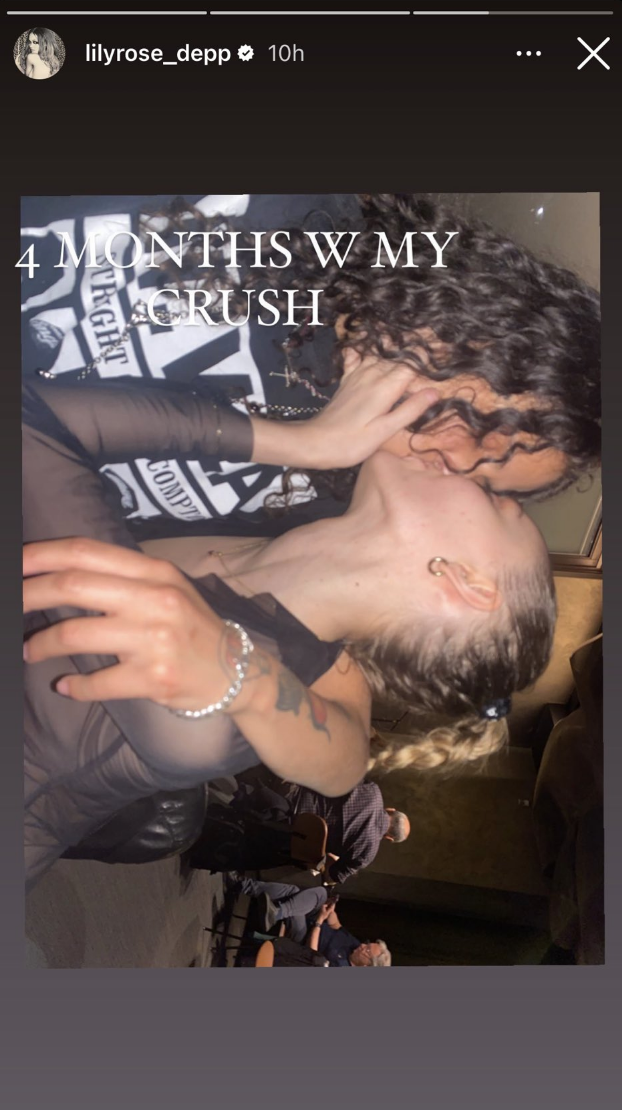 Screenshot of Lily-Rose's Instagram story showing a photo of her and 070 Shake kissing with the caption "4 months w my crush"