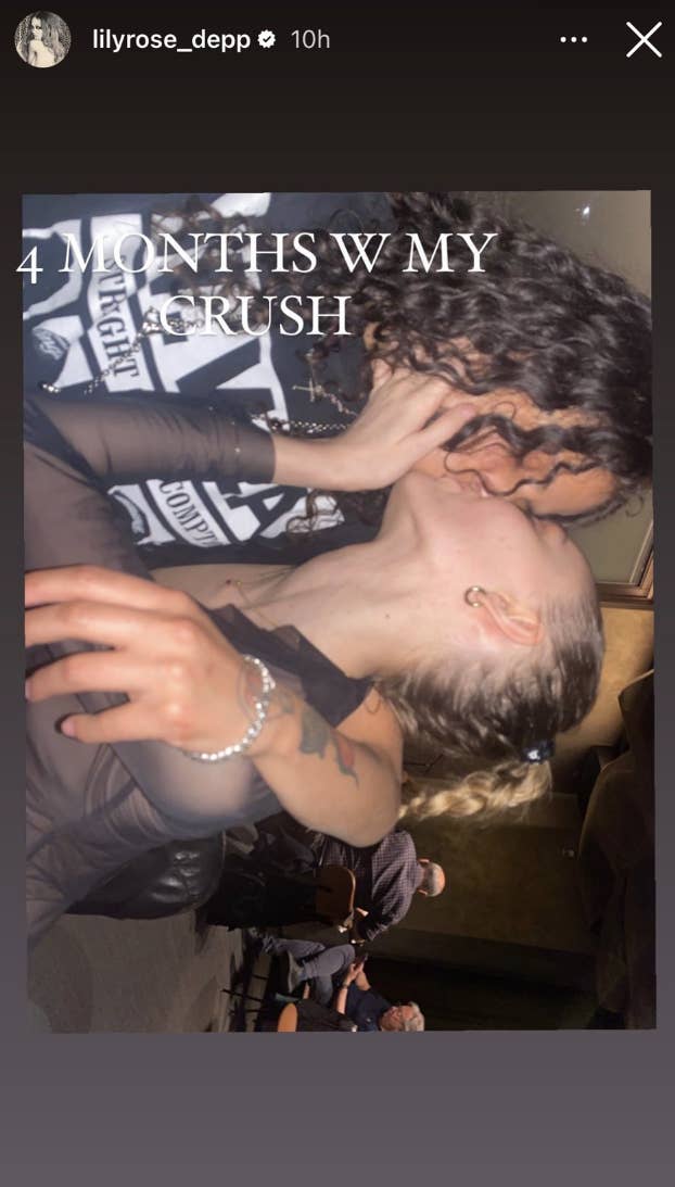 Screenshot of Lily-Rose&#x27;s Instagram story showing a photo of her and 070 Shake kissing with the caption &quot;4 months w my crush&quot;