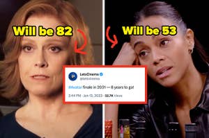 On the left is Sigourney Weaver with caption "will be 82" and on the right is Zoe Saldana with caption "will be 53" with tweet: "avatar finale in 2031: 8 years to go"