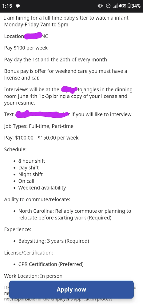 "Pay: $100.00 - $150.00 per week"