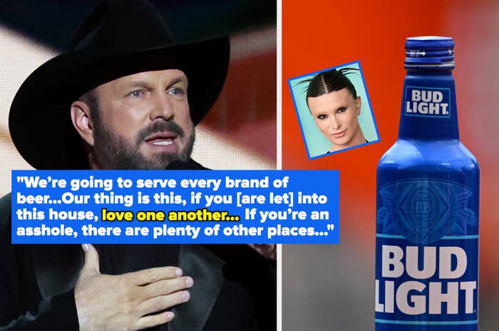 Garth Brooks with quote saying that they&#x27;ll serve every brand of beer and &quot;if you&#x27;re in this house, love one another&quot; and &quot;if you&#x27;re an asshole, there are plenty of other places,&quot; and a Bud Light can with inset of Dylan Mulvaney