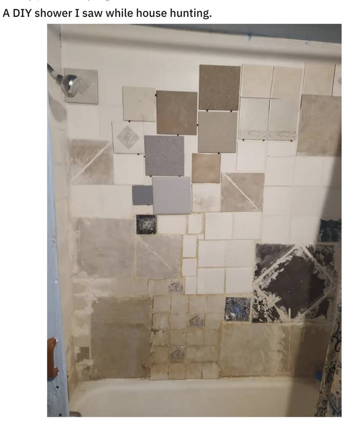 mismatched tiles and unfinished patches in the shower